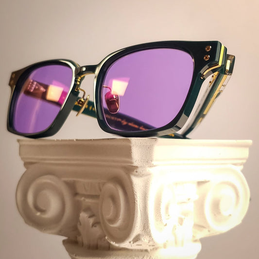 Leisure Society Equense completed through the Lens Art® luxury reglazing service with bespoke progressive prescription lenses, custom purple tint and Marma Dinamica Amethyst.