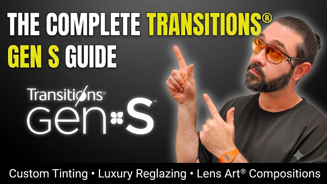 Load video: The Complete Transitions® GEN S™ Guide by Lens Art explaining custom tinted Transitions lenses, luxury reglazing and bespoke lens compositions for prescription eyewear.