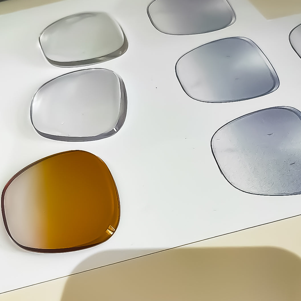 Luxury rimless reglazing with bespoke redesigned prescription lenses, decorative faceting, custom tinting and photochromic technology by Lens Art®.