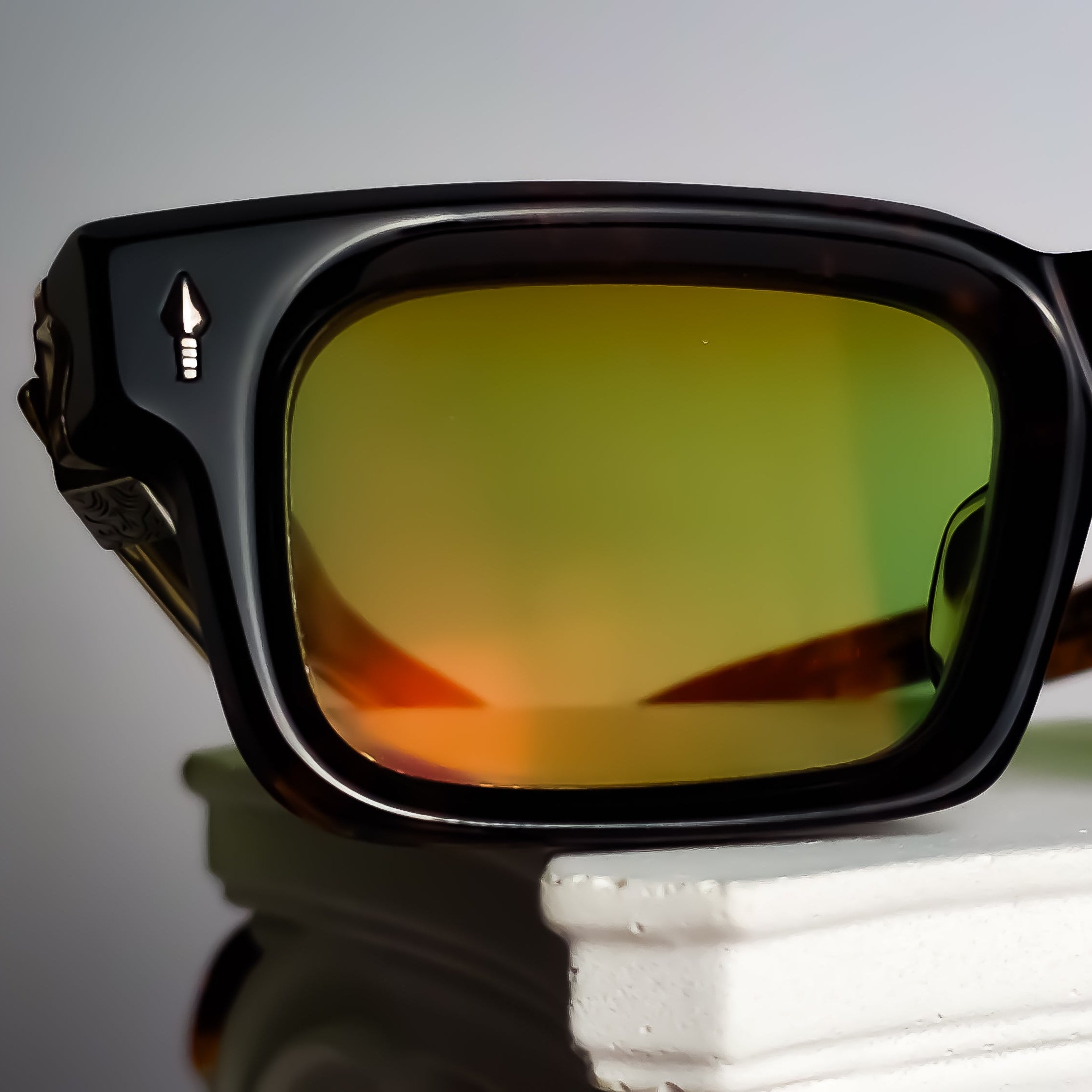 Luxury reglazing of Jacques Marie Mage Last Frontier Belvedere eyewear with bespoke custom tinted prescription lenses, Marma Dinamica photochromic technology and premium Glamour coating by Lens Art®.