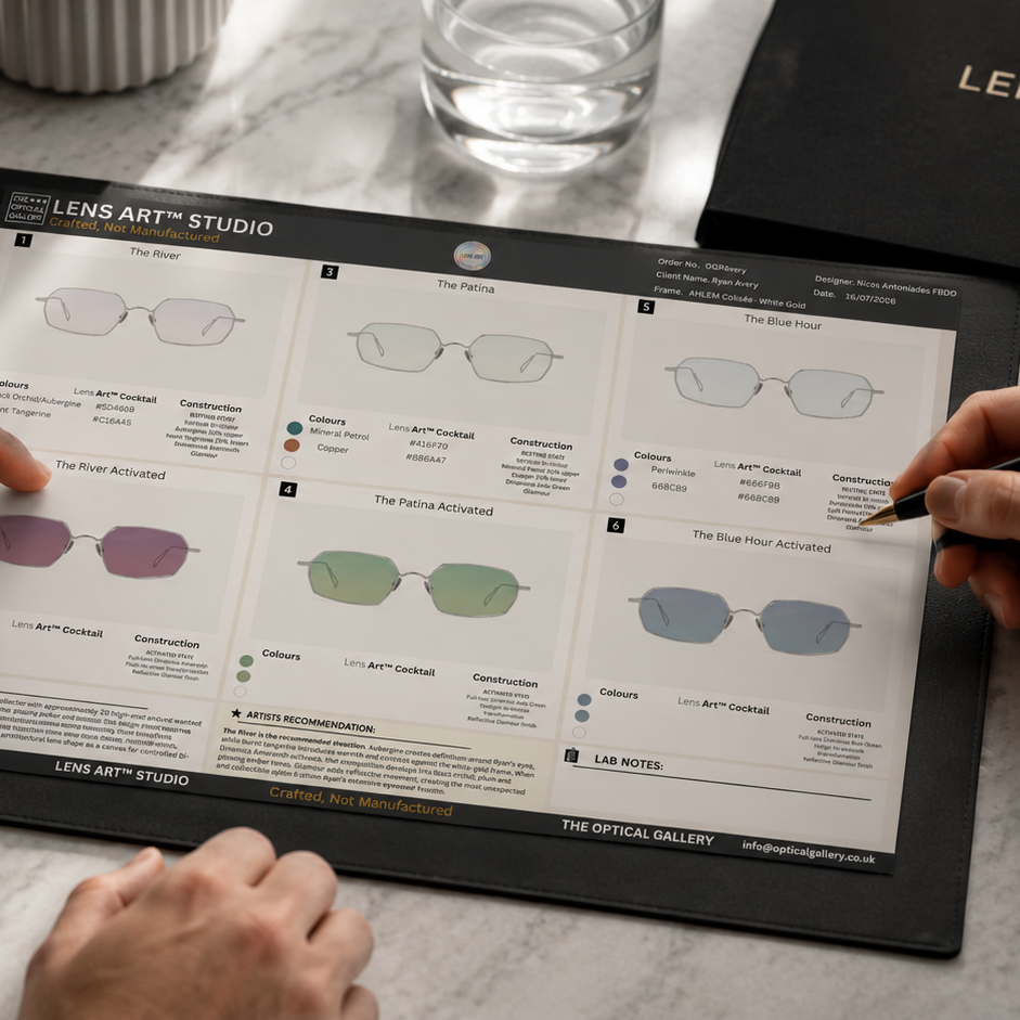 Lens Art® consultation showing bespoke prescription lens design, custom tinted photochromic concepts and personalised luxury reglazing recommendations for exceptional eyewear.