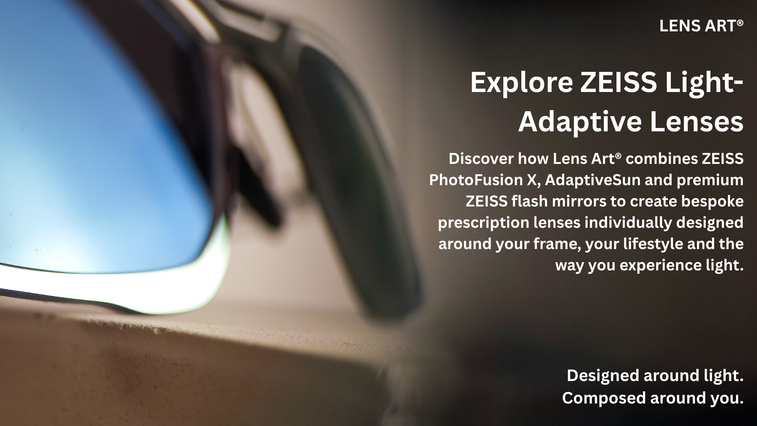 Luxury eyewear reglazed with bespoke ZEISS PhotoFusion X photochromic lenses, ZEISS flash mirror coating and Lens Art custom lens design.