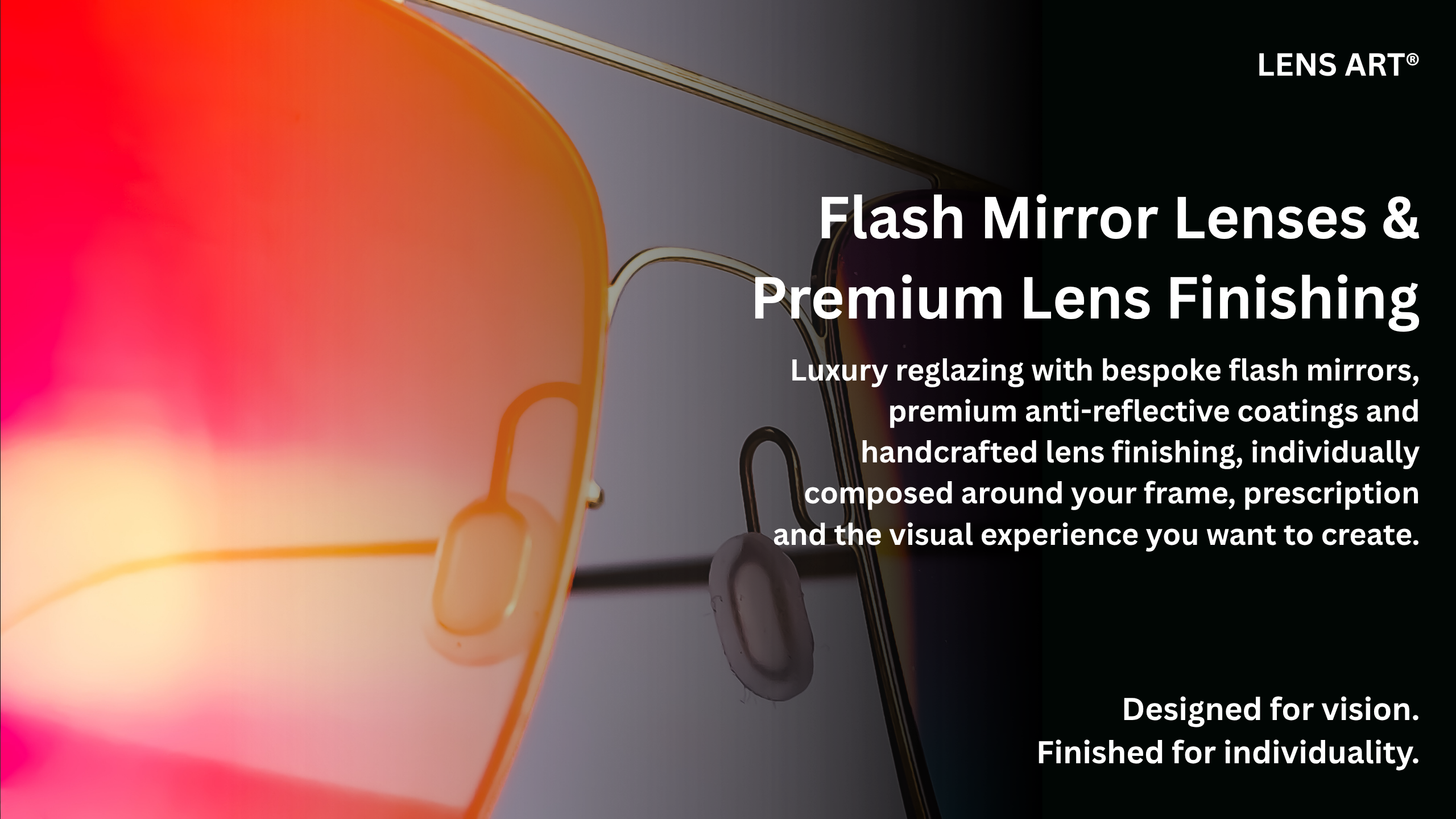 Lucas de Staël Undostrial Fuse eyewear reglazed with bespoke custom tinted prescription lenses featuring Marma Dinamica photochromic technology and a red flash mirror finish, demonstrating the Lens Art® premium lens finishing service.