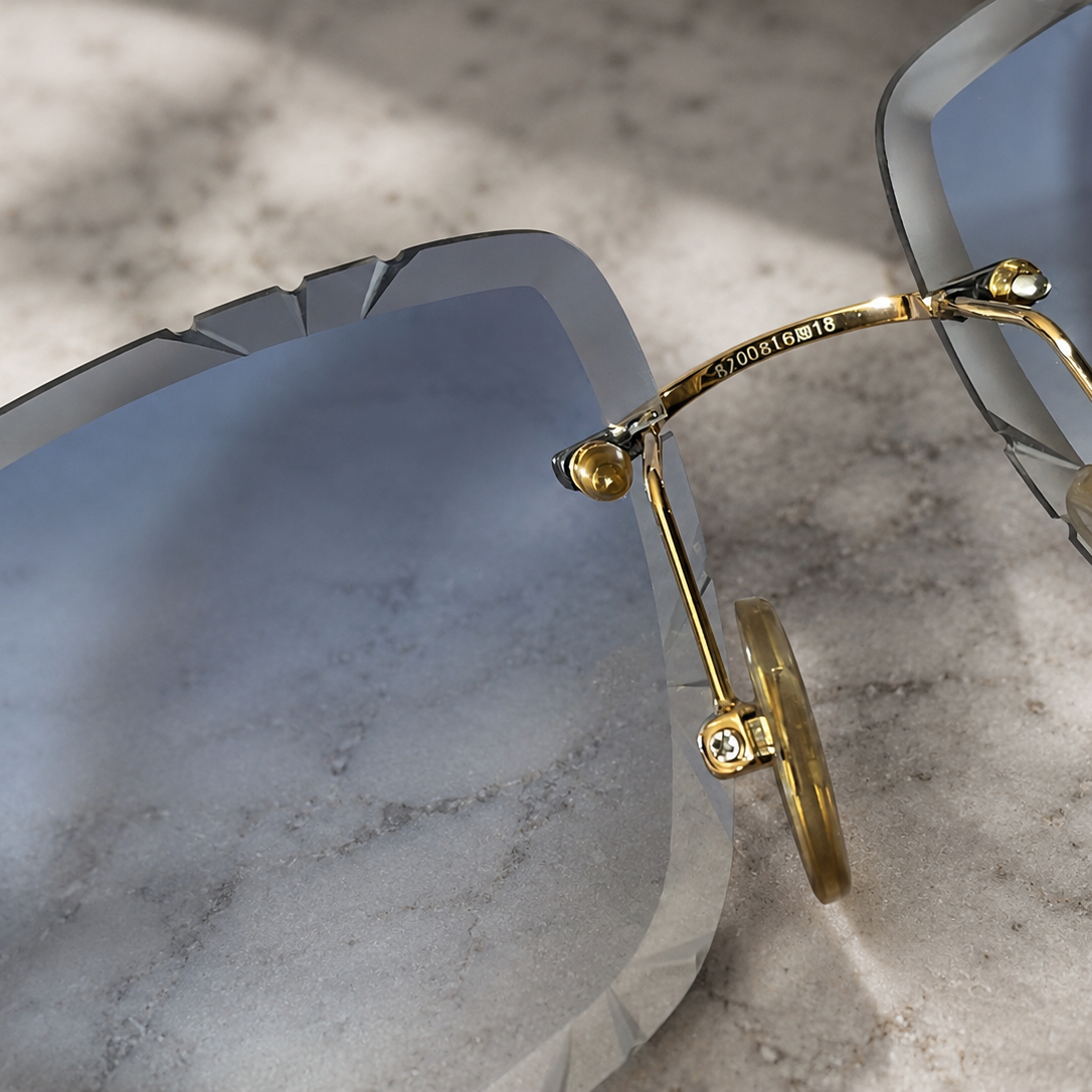 Cartier rimless eyewear reglazed with bespoke diamond cut faceted prescription lenses and custom grey tint through the Lens Art luxury reglazing service.
That naturally includes: