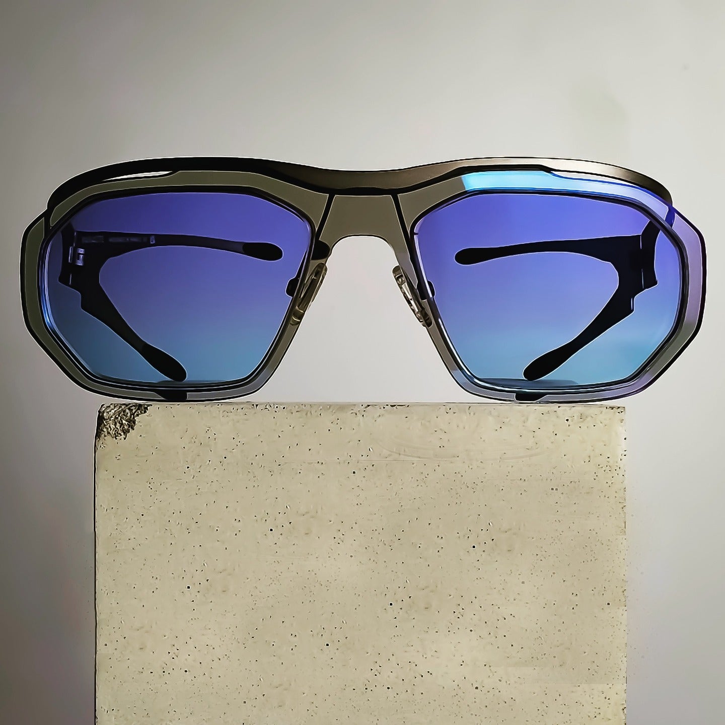Parasite Radius Y eyewear featuring bespoke bi-colour gradient custom tinted prescription lenses with a blue-to-violet Lens Art® design, created through luxury reglazing.