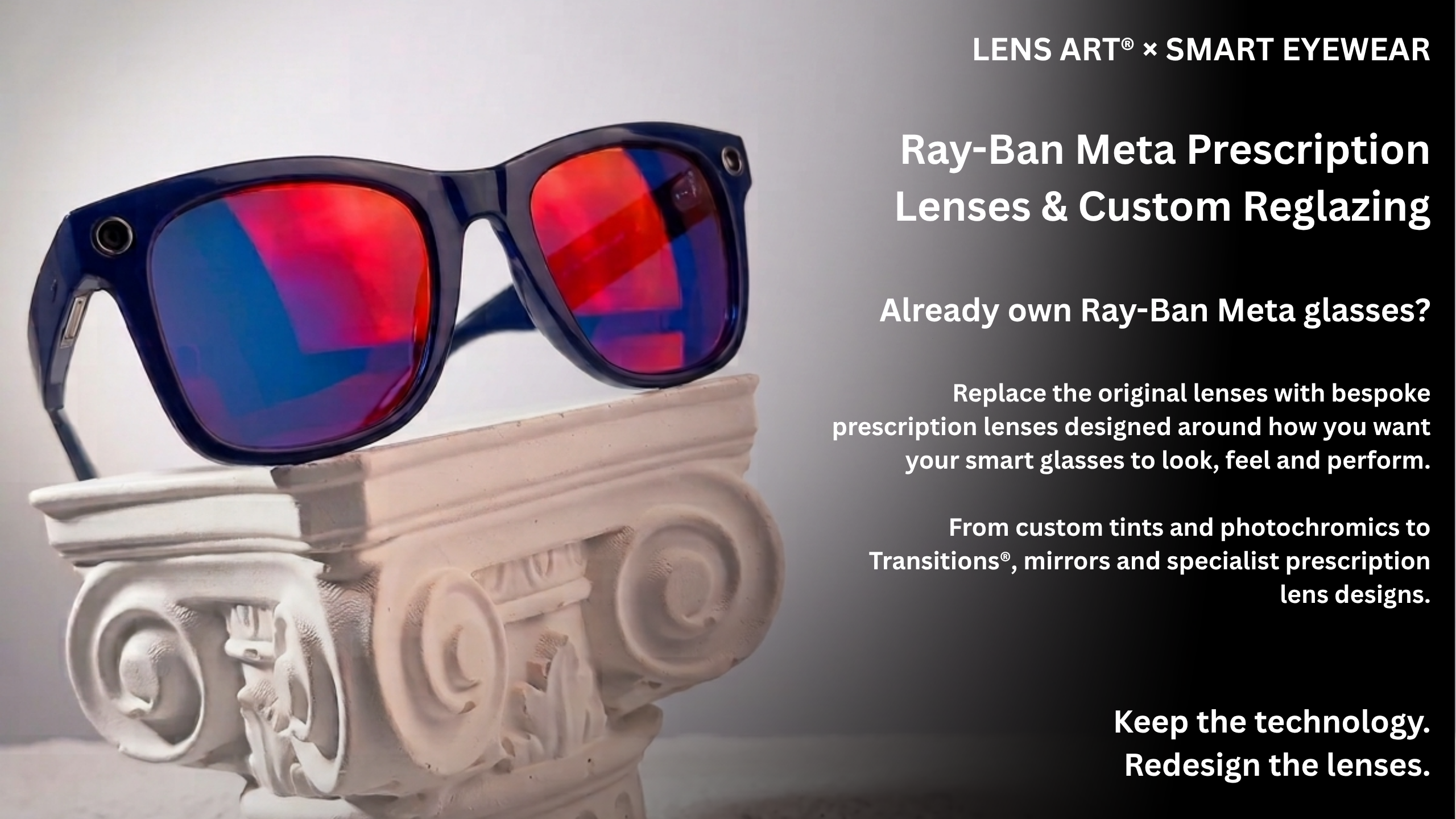 Ray-Ban Meta custom prescription lens reglazing with bespoke tinted mirror lenses by Lens Art