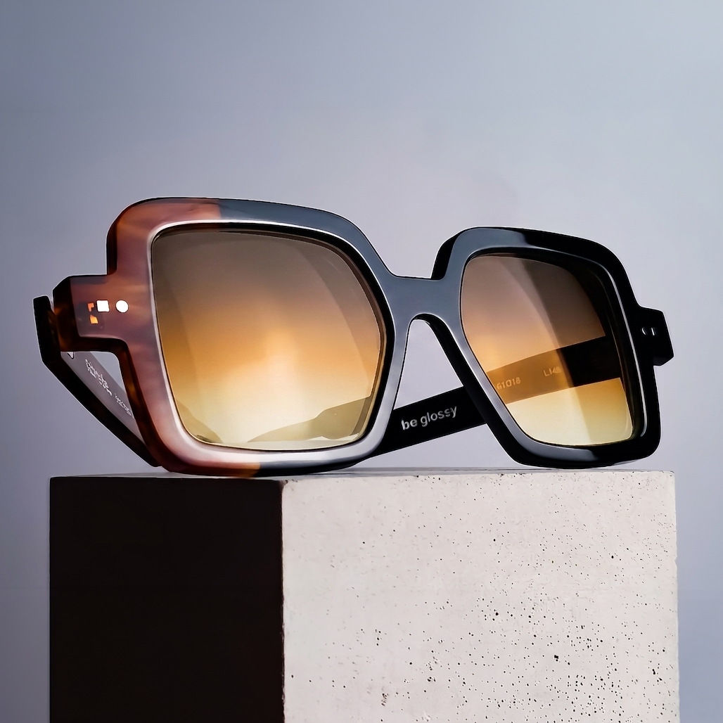 Sabine Be Glossy eyewear reglazed with bespoke tri-gradient custom tinted prescription lenses, individually designed through the Lens Art® luxury reglazing service.