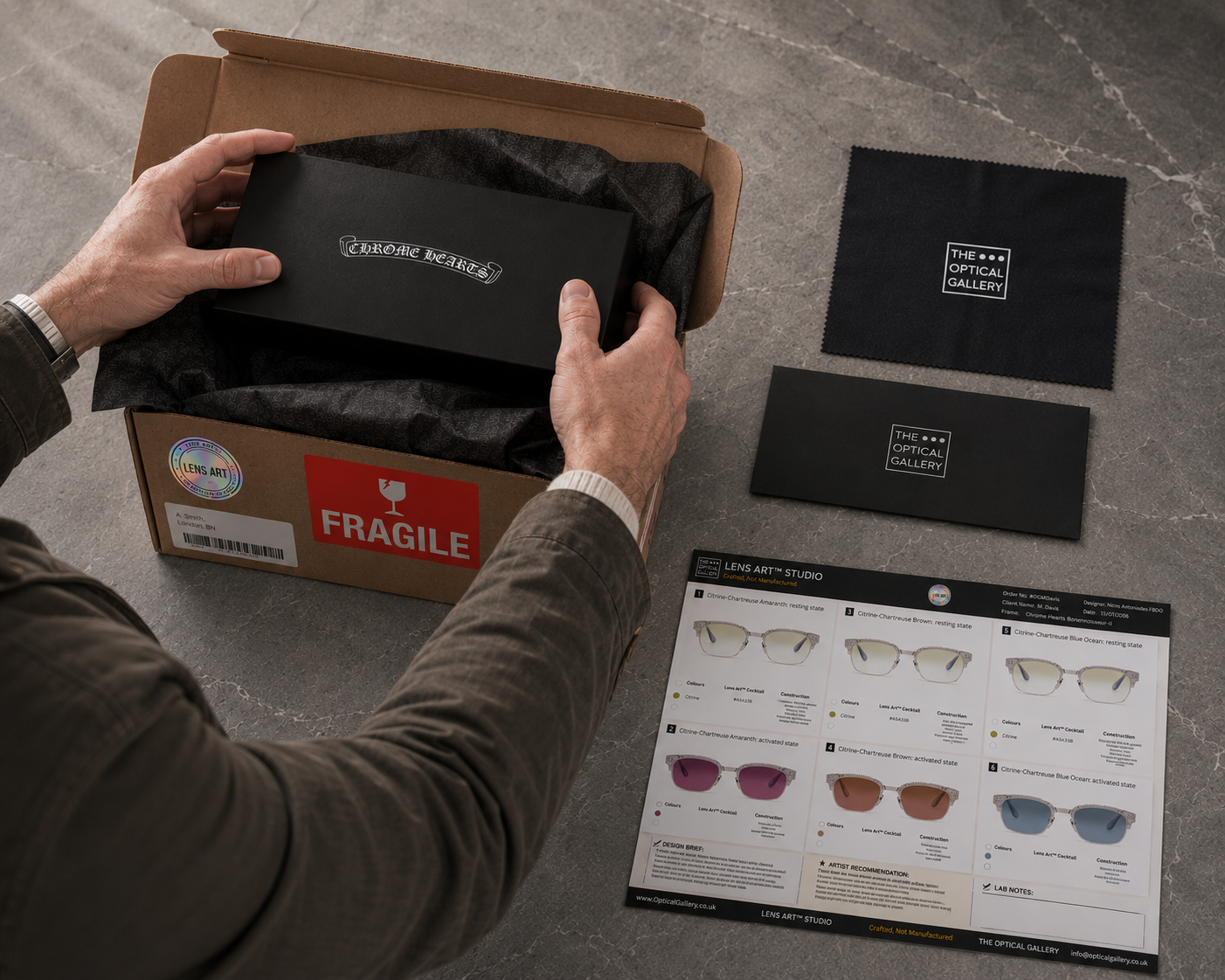 Chrome Hearts eyewear prepared for worldwide delivery following bespoke luxury reglazing and custom lens design through the Lens Art® service at The Optical Gallery.